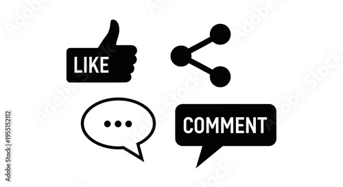 Interactive social media icons set featuring like, share, and comment