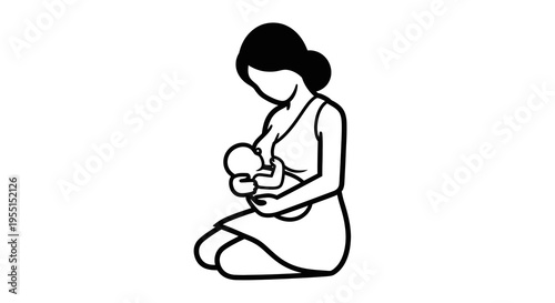 Minimalist silhouette of mother tenderly cradling infant in black and white design