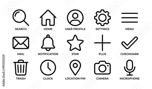Collection of common interface icons for web and app design
