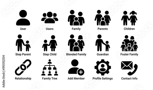 Family icon set with user profiles and relationship symbols