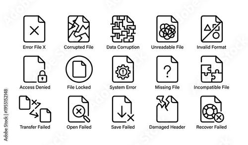 Common computer file errors icons set with symbols for technical issues