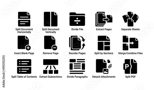 Document editing icons for splitting, merging, reordering, and extracting files