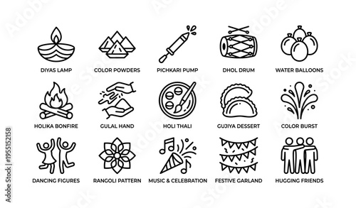 Festive icons for holi celebration: lamps, drums, desserts, and dancing figures