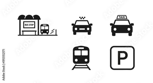 Urban transportation icons: bus taxi train parking in simple silhouette style