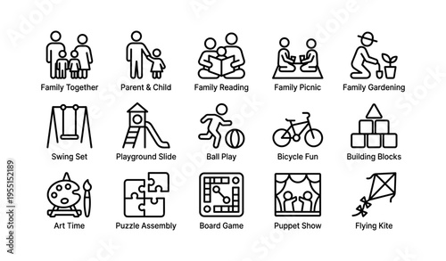 Family activities and outdoor fun icons set for children and adults