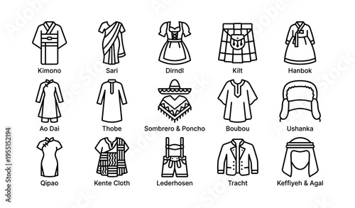 Traditional clothing icons: kimono, sari, dirndl, kilt, hanbok, ao dai, thobe, poncho, boubou, ushanka, qipao, kente, lederhosen, tracht, keffiyeh