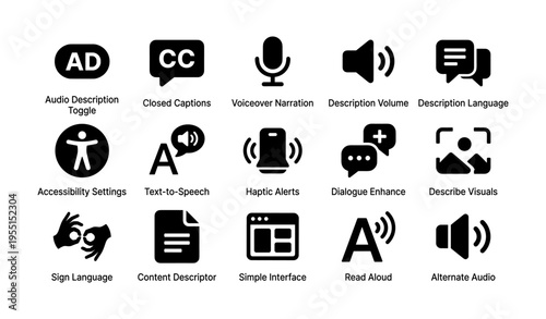 Accessibility feature icons including audio description and voiceover narration