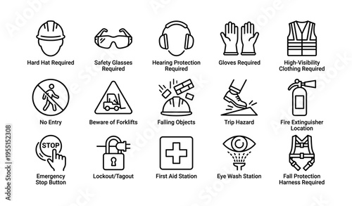 Workplace safety signs collection with protective gear and hazard indicators