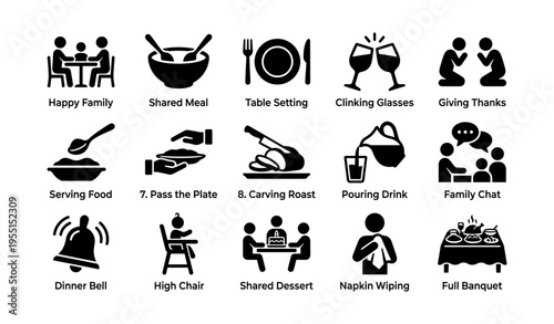 Family dinner icons: meal sharing, table setting, toasting, conversation, high chair