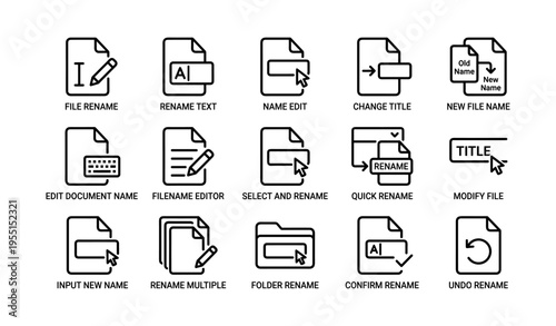Icons for file rename and text edit actions with simple outline style