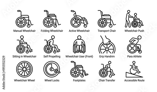 Diverse wheelchair icons: manual, folding, active, transport, push, accessibility