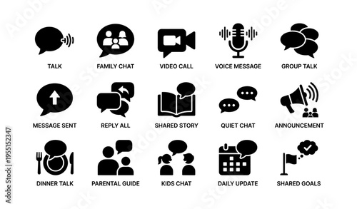 Communication icons: talk, video call, message, announcement, family chat