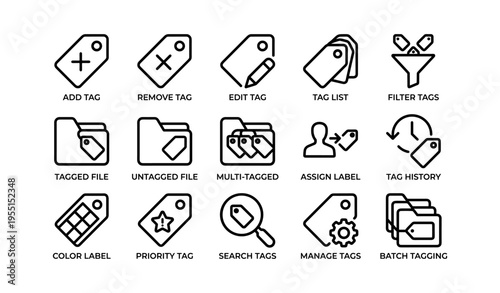 Tagging system icons: file management, labeling, and tagging workflow