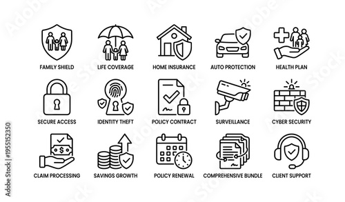 Comprehensive insurance icons: family life coverage, auto protection, health plan