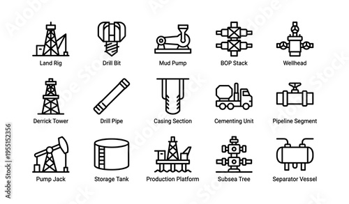 Oil and gas industry equipment icons including rig, drill, and pump