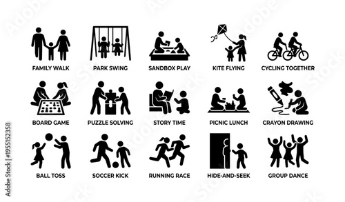 Family and community outdoor activities: play and interaction icons