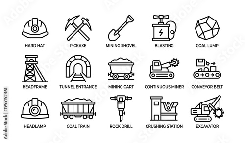 Mining equipment icons: hard hat, pickaxe, shovel, blasting, coal lump, headframe, mining cart