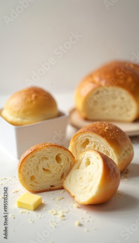 Freshly baked bread rolls sit on clean white surface. One roll is cut open showing soft interior. Small pat of butter rests near crumbs. Simple breakfast or snack preparation.