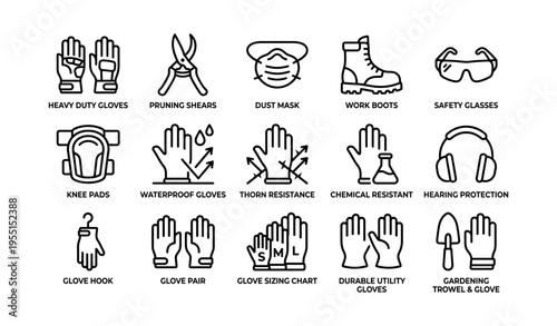 Gardening and safety equipment icons: gloves, mask, boots, shears