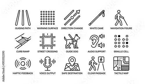 Accessibility symbols: guide dog, white cane, braille, haptic feedback, navigation