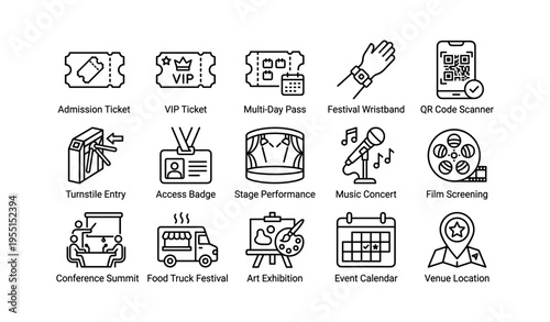 Festival and event icons featuring tickets, wristbands, and performance symbols