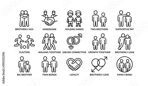 Icon set illustrating brotherhood, support, and togetherness with male figures in various poses