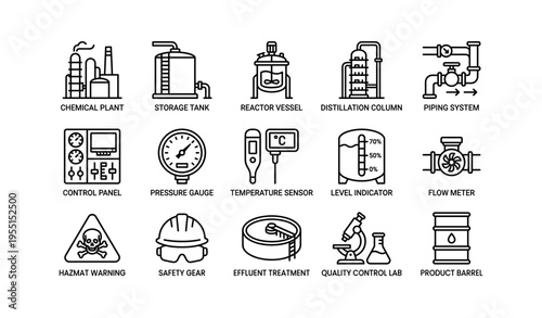 Industrial equipment icons: chemical plant, storage tank, reactor, distillation column, piping system