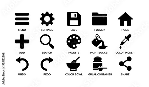 Collection of black user interface icons for digital tools and software applications