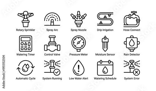 Smart irrigation system icons: efficient water management tools and alerts