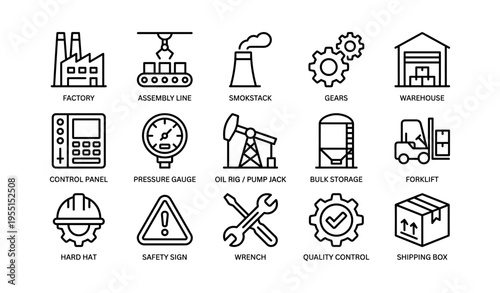 Industrial icons set: factory, assembly line, smokestack, gears, warehouse, tools