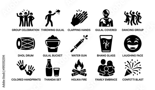 Holi festival icons: celebration activities and traditional elements