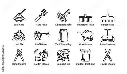 Gardening tool icons: rakes, blower, wheelbarrow, pruners, and gloves