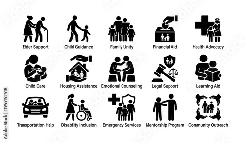Community support services icons depicting various social aid and assistance programs