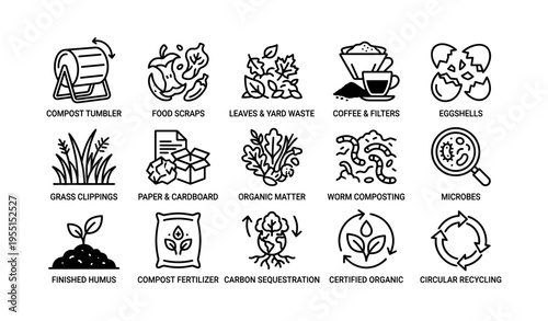Composting elements: tumbler, food scraps, yard waste, coffee, eggshells, microbes