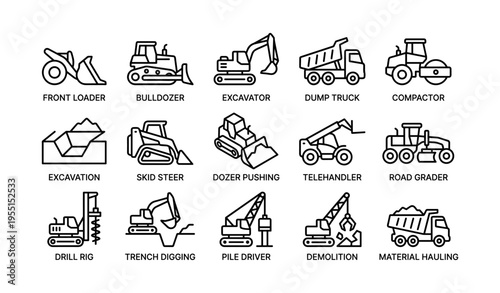 Set of heavy construction equipment line icons: bulldozer excavator loader
