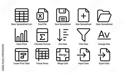 Spreadsheet and data management icon set including charts and filters