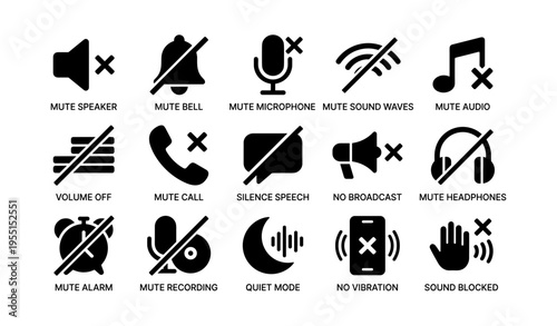 Mute and sound control icons set for devices and notifications