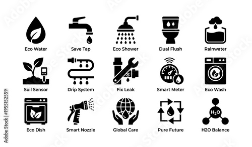 Eco-friendly household icons: water conservation, smart systems, sustainability