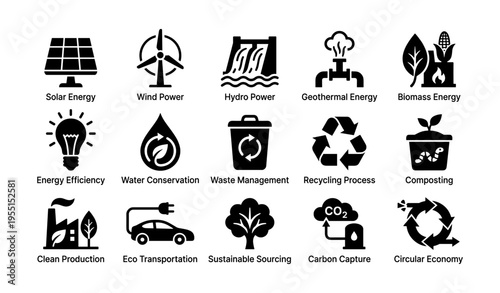 Renewable energy and sustainability icons set: solar, wind, hydro, geothermal, biomass