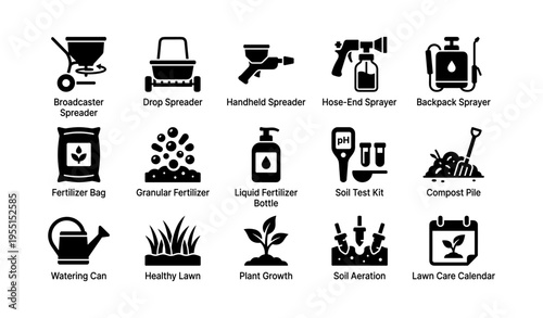 Icons of garden tools and supplies for effective lawn care
