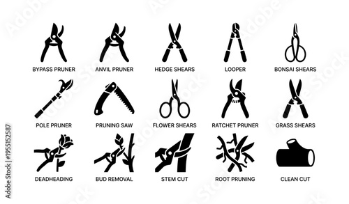 Variety of garden pruning tools icons: pruners, shears, saws, and more