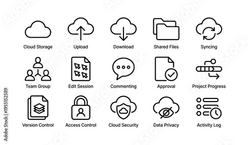 Cloud icons for storage, upload, download, and security in project management