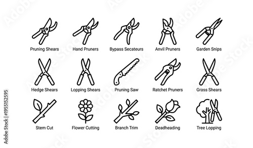 Gardening tool icons: shears, pruners, saw, snips, and cutting