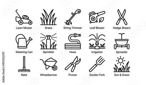 Lawn and garden tools icons: mower, trimmer, blower, shears, sprinkler