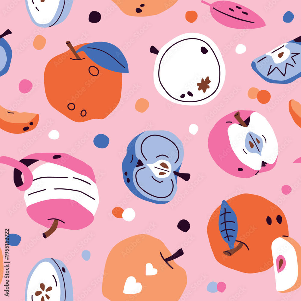 Fototapeta premium Seamless pattern with abstract apples, slices and seeds on soft pink background. Modern flat vector illustration in Scandinavian style for kids, textile, childish wrapping paper and packaging design.