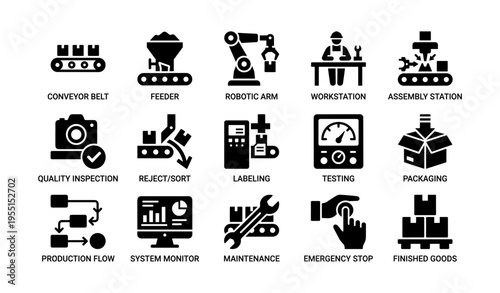 Industrial icons set: conveyor, robotic arm, quality inspection, packaging, system monitoring