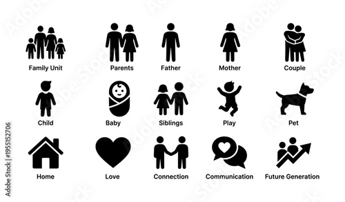 Family icons: parents, children, pets, home, love, connection, future generations