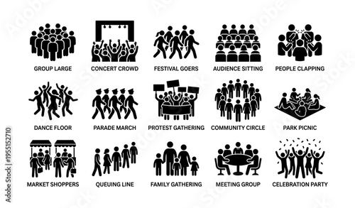 Icons of group activities: concerts, picnics, protests, gatherings, and celebrations