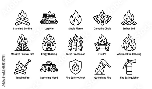 Collection of fire-related icons: bonfire, flame, campfire, torch, fire safety, extinguisher