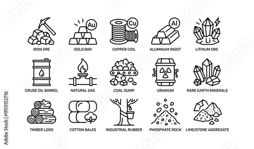 Essential industrial materials and minerals icons collection